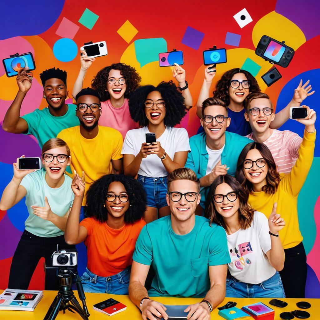 A vibrant scene depicting a diverse group of creators joyfully filming a vlog together, surrounded by colorful YouTube elements like play buttons, cameras, and artistic backdrops. The atmosphere conveys excitement, collaboration, and creativity, with each creator showcasing their unique style. Bright and cheerful colors to evoke a sense of joy and engagement. dynamic composition that captures the essence of community and sharing. super-realistic. vibrant colors. 3D.