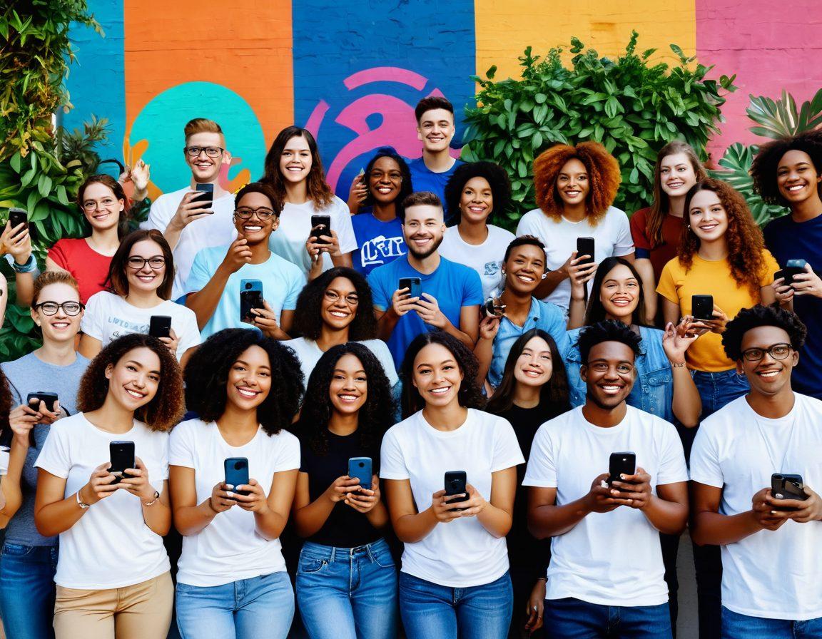 A vibrant community gathering, showcasing diverse individuals creating videos together, smiling and sharing ideas. Include a backdrop of colorful murals and greenery, symbolizing growth and positivity. Add elements of technology like smartphones and cameras in their hands to emphasize user-generated content. The atmosphere should be warm and inviting, radiating happiness and connection. super-realistic. vibrant colors. 3D.