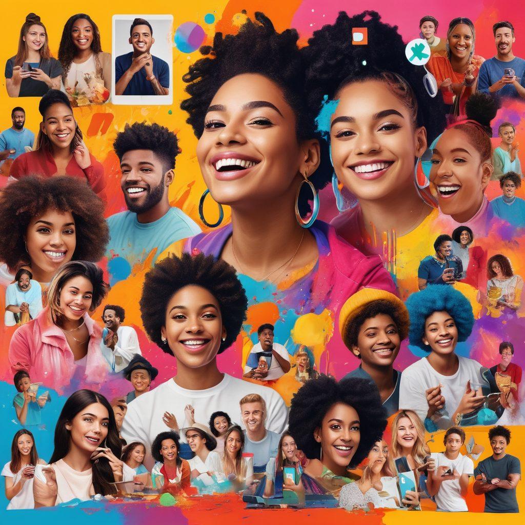 A vibrant and dynamic collage showcasing diverse content creators using various devices to film their YouTube videos. Incorporate elements of joy and creativity, such as colorful paint splashes, musical notes, and smiling faces of different ages and backgrounds. Highlight a screen displaying a popular video with a 'Like' button and comments, symbolizing engagement and community. Captivating and whimsical atmosphere. vibrant colors. digital art.